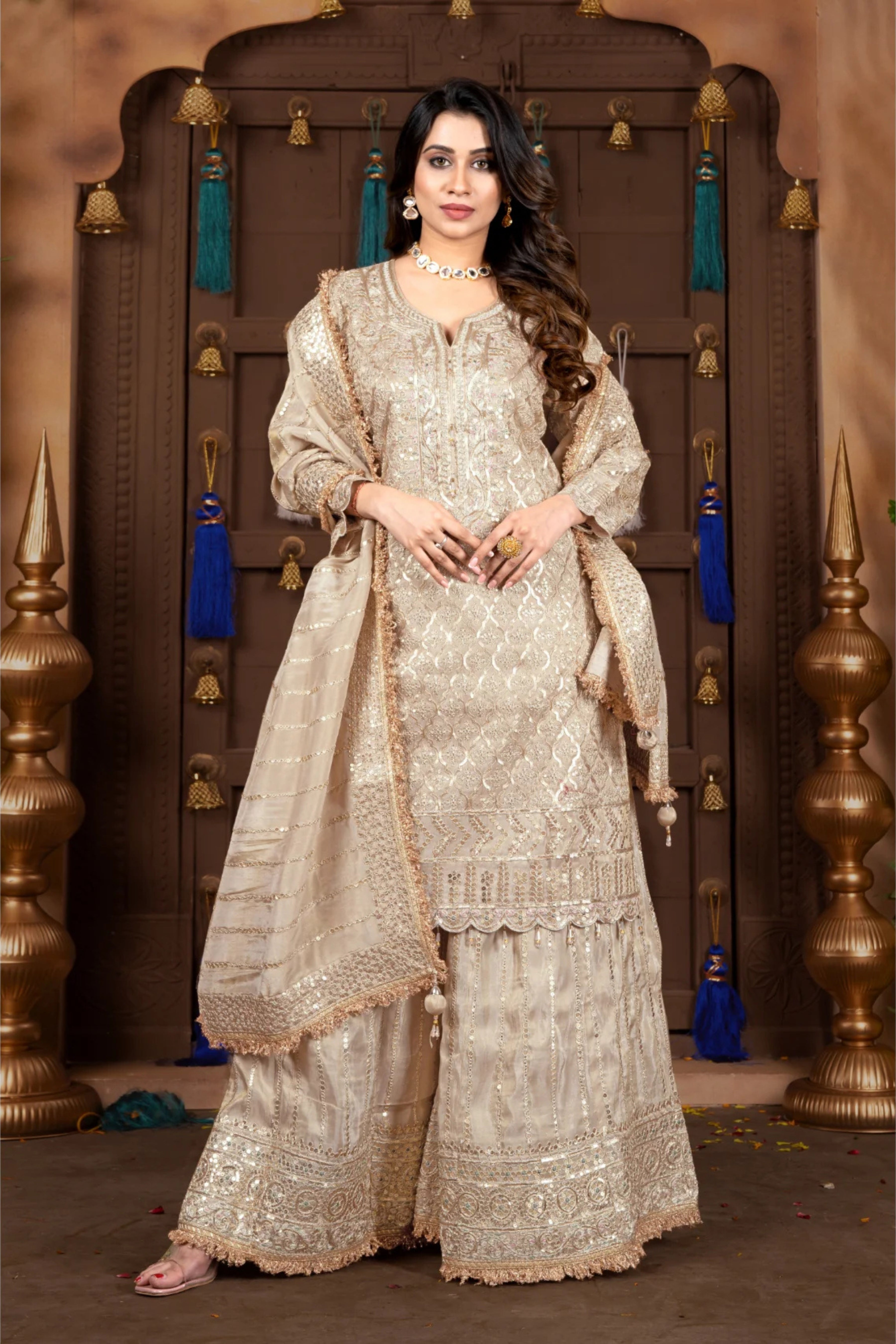 Buy Golden Silk Garara Set with Gotta Patti Handwork Designer
